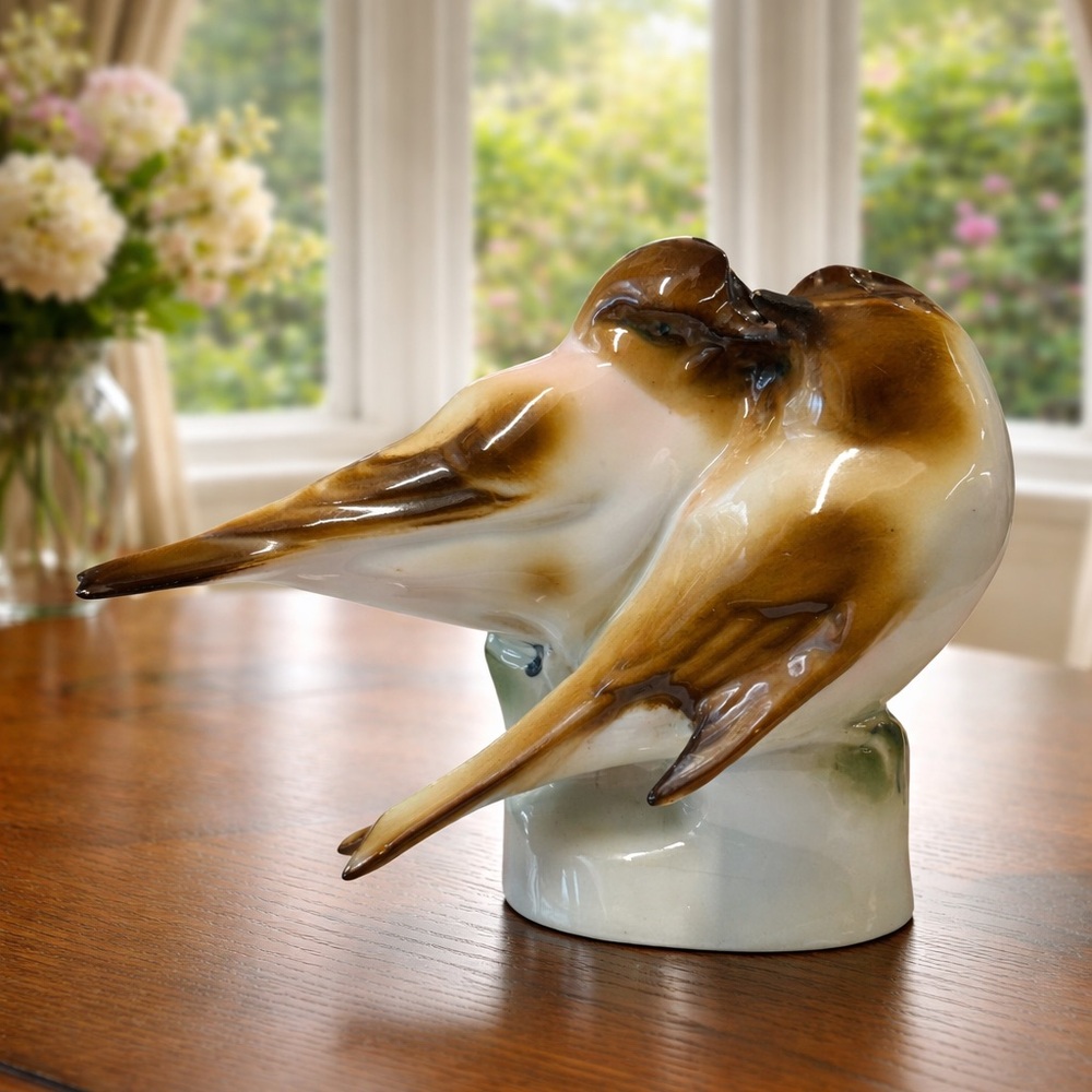 Vintage Zsolnay Hungary Pecs Brown Finches Birds Porcelain Figurine 4.5" x 3.25"